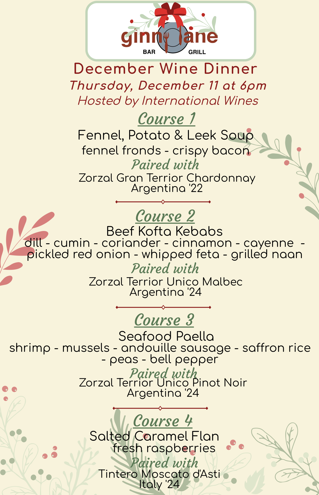 Upcoming Wine Dinner at Ginny Lane