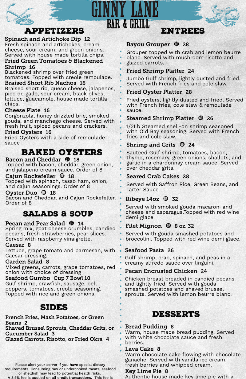 Daily Menu Ginny Lane Bar & Grill
