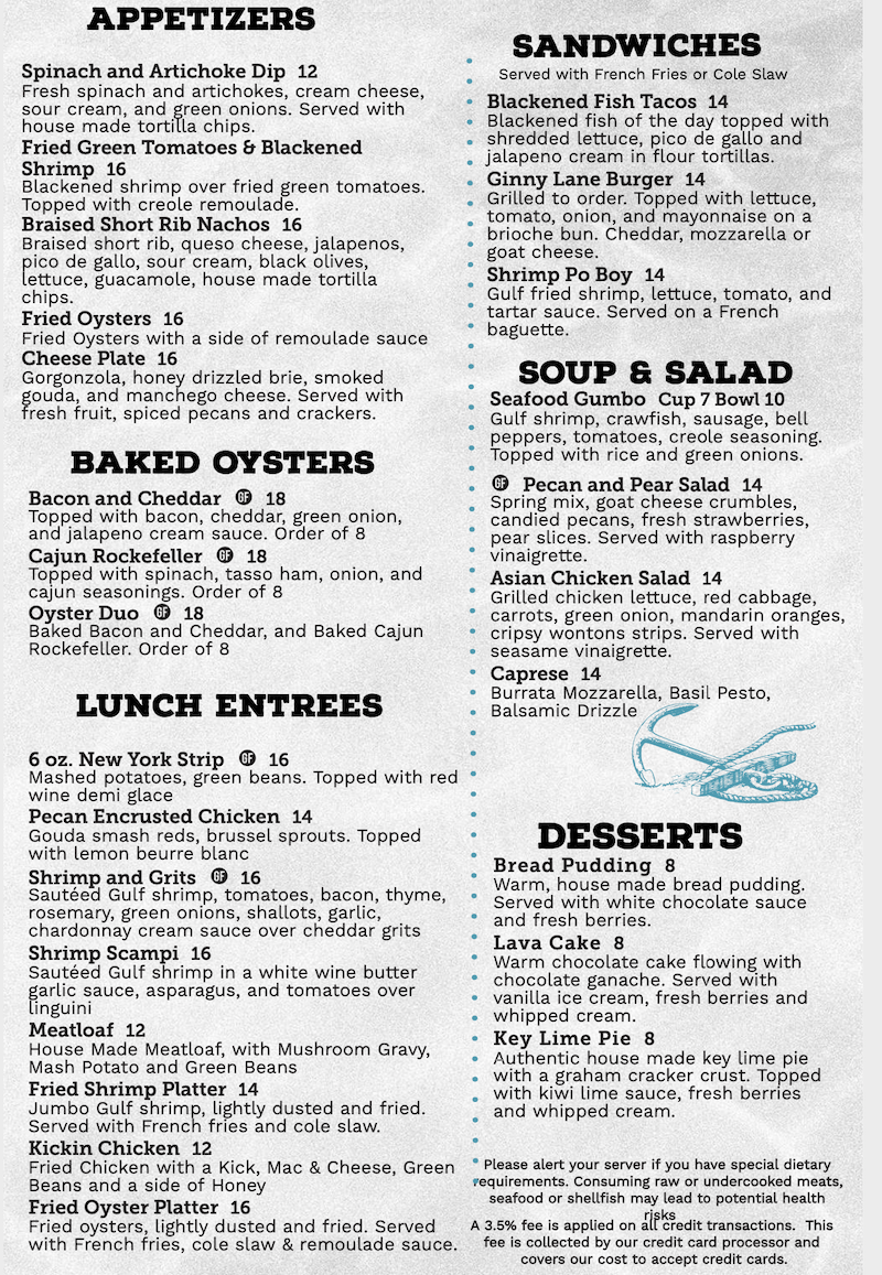 Daily Menu Ginny Lane Bar & Grill