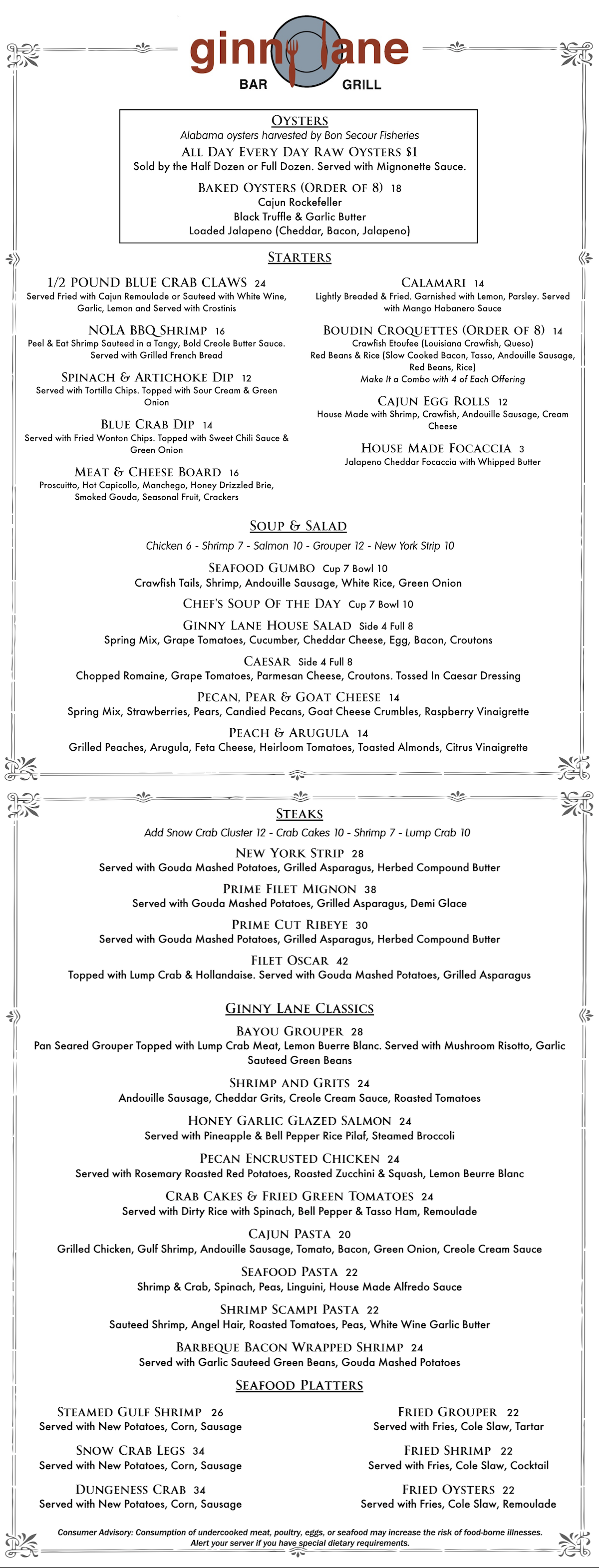 Ginny Lane Dinner Menu, seafood restaurant at The Wharf