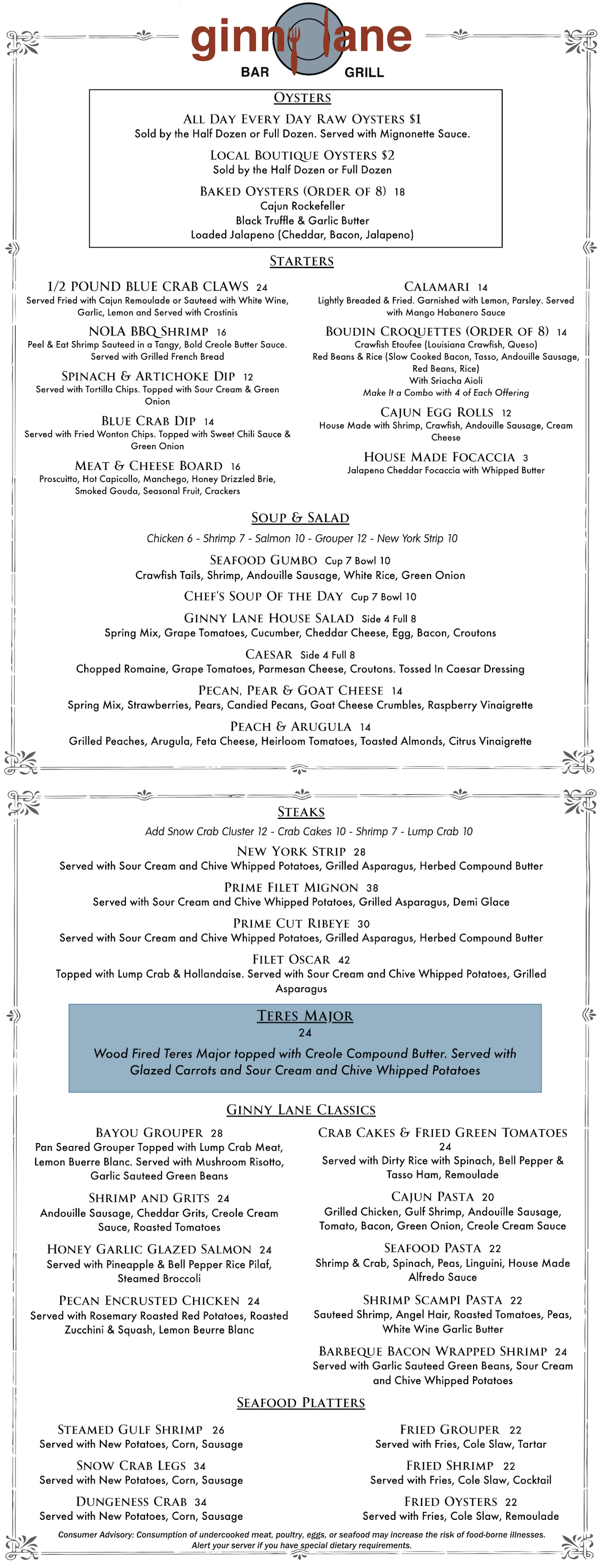 Ginny Lane Dinner Menu, seafood restaurant at The Wharf