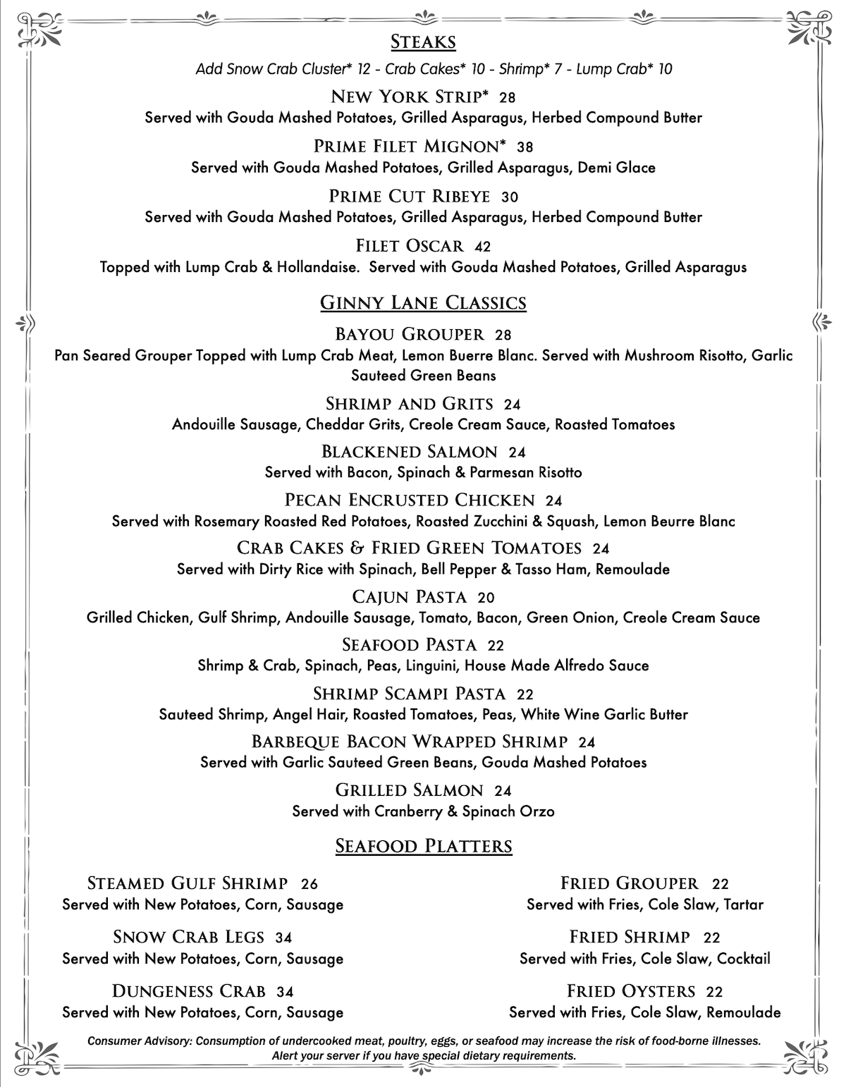 Dinner Menu - steaks and platters