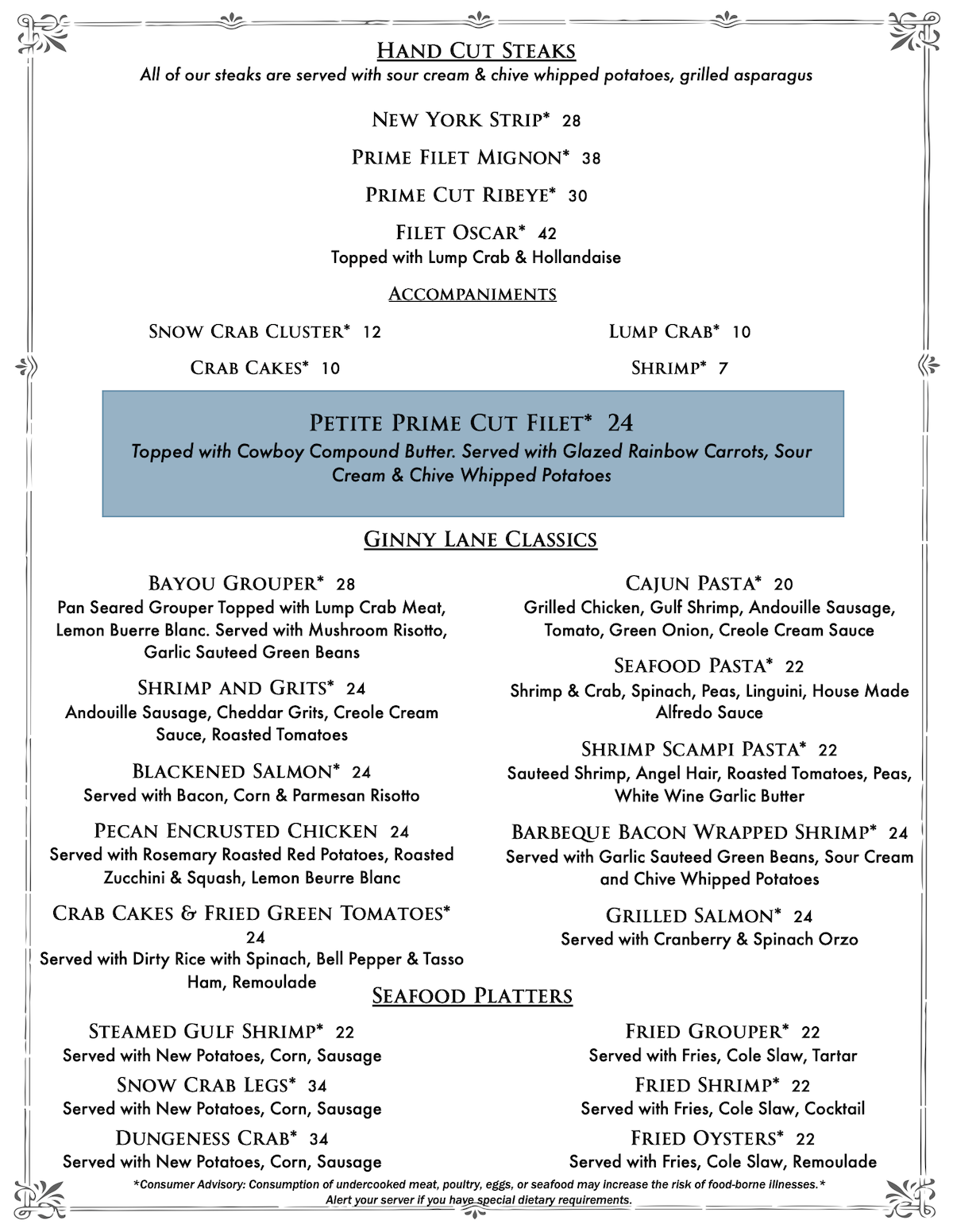 Dinner Menu - steaks and seafood