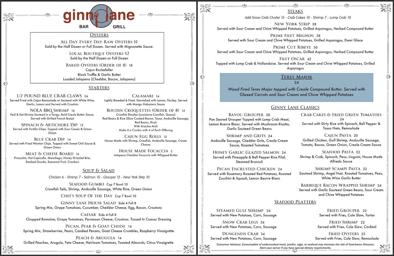 Ginny Lane Dinner Menu, seafood restaurant at The Wharf