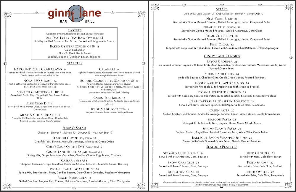 Ginny Lane Dinner Menu, seafood restaurant at The Wharf