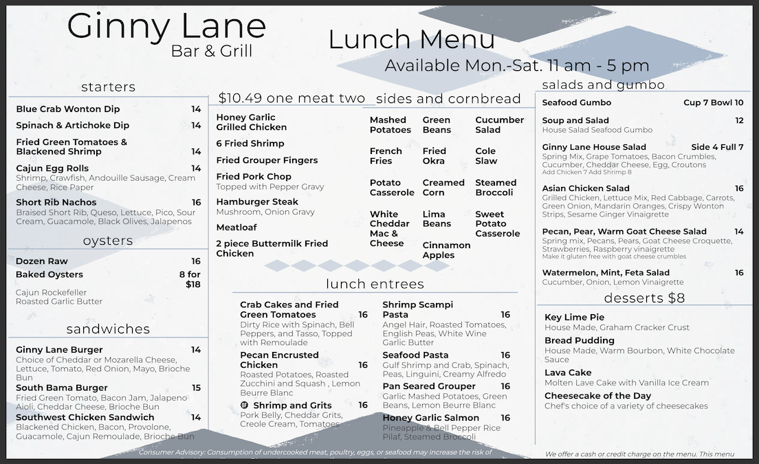 Ginny Lane Lunch Menu, Orange Beach, AL restaurant