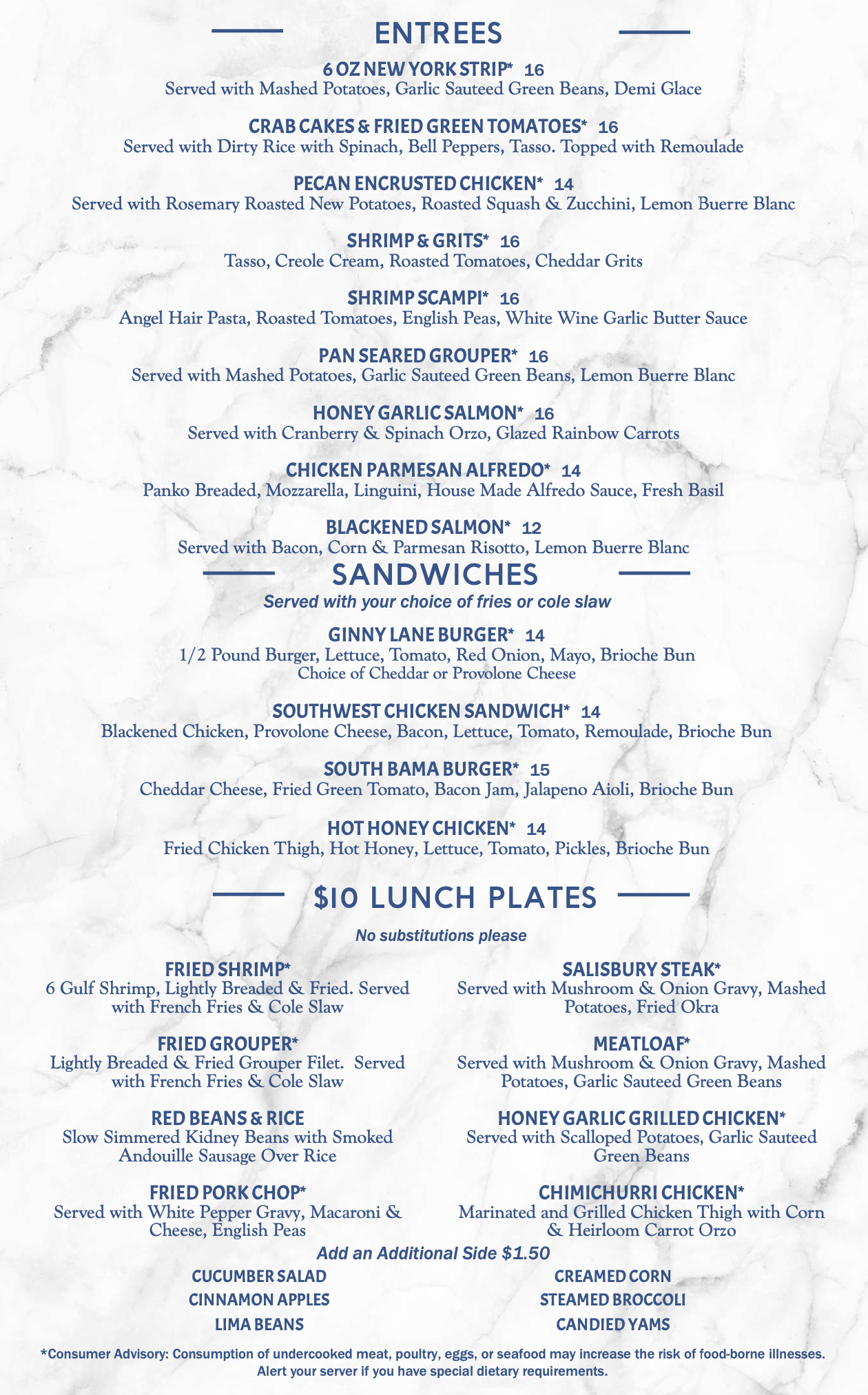 Lunch Menu - entrèes and specials