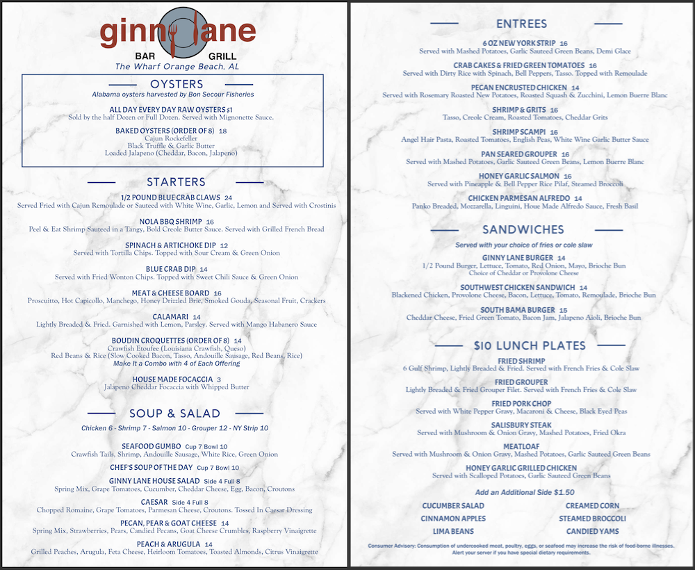 Ginny Lane Lunch Menu, Orange Beach, AL restaurant