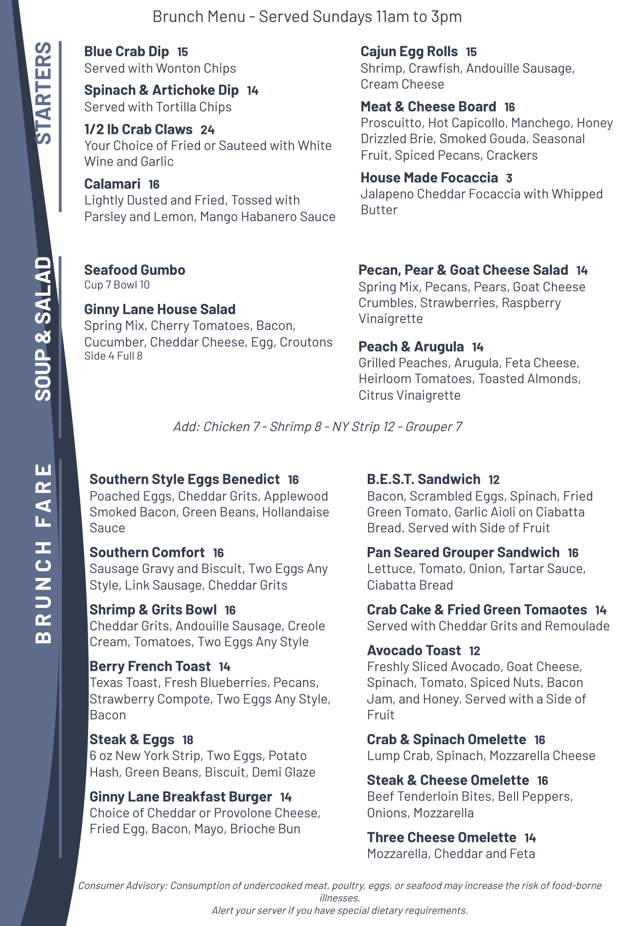 Waterfront Brunch Food Menu