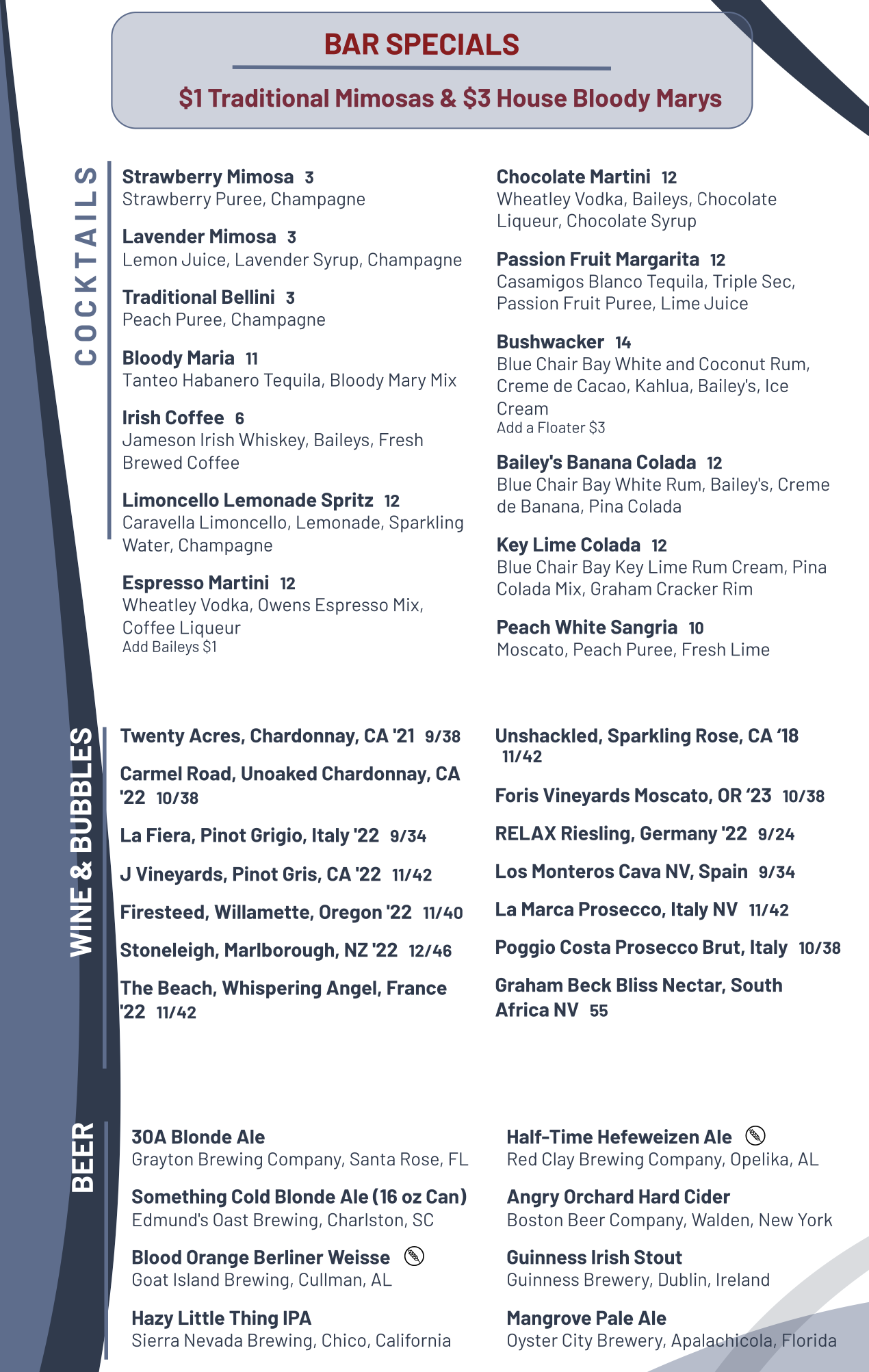 Waterfront Brunch Drink Menu