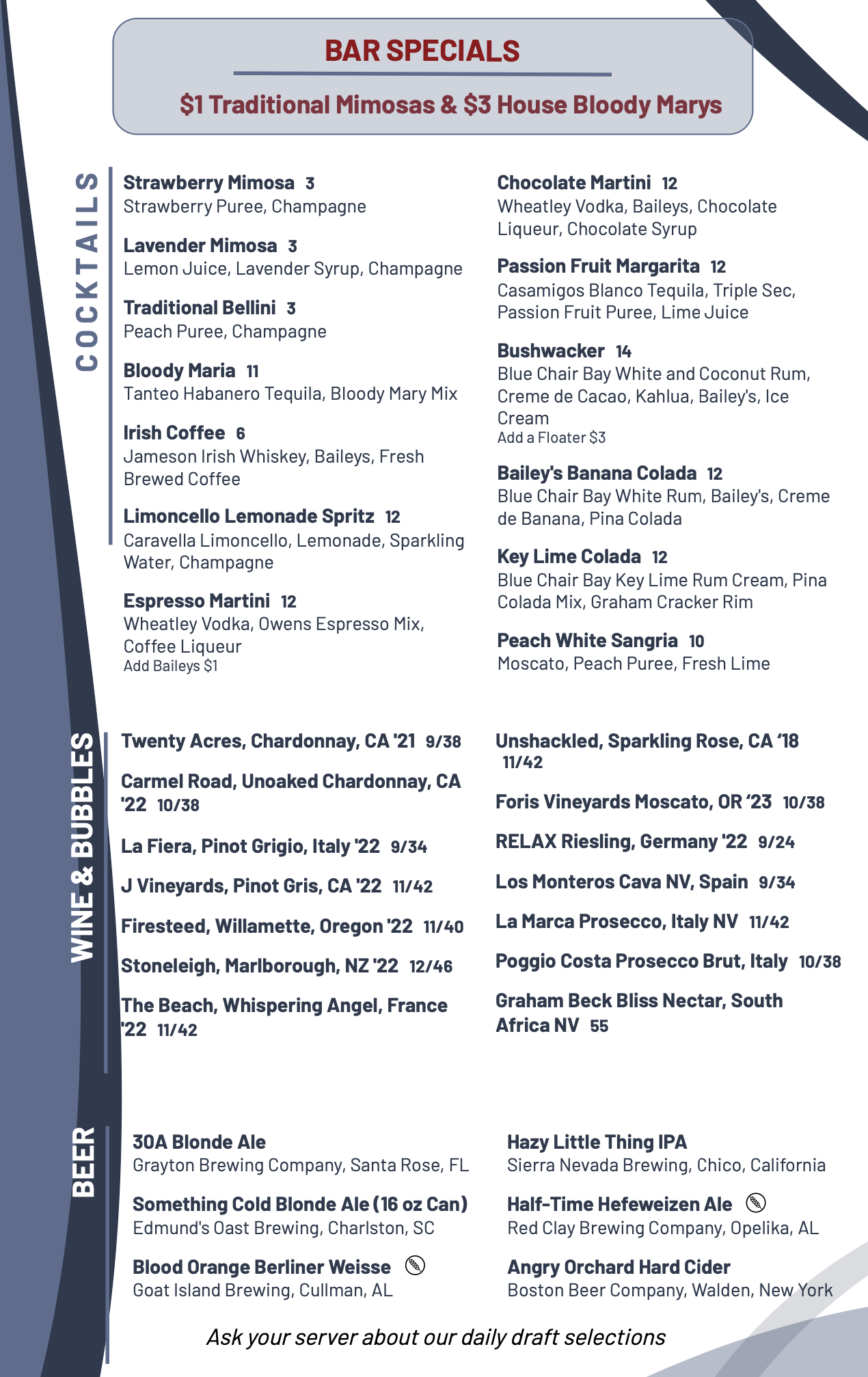 Sunday Brunch - Drink Menu
