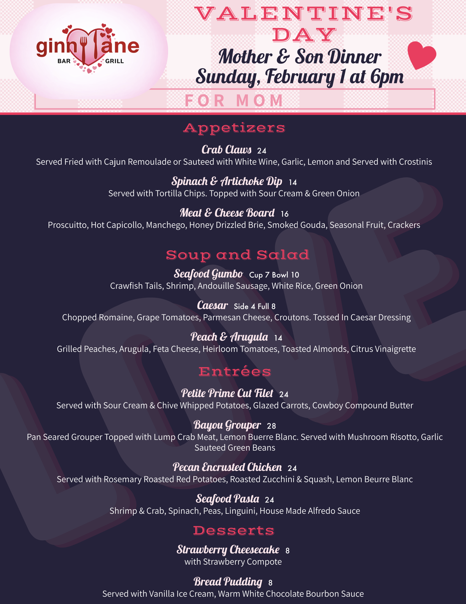 Ginny Lane Mother & Son Valentines Menu
