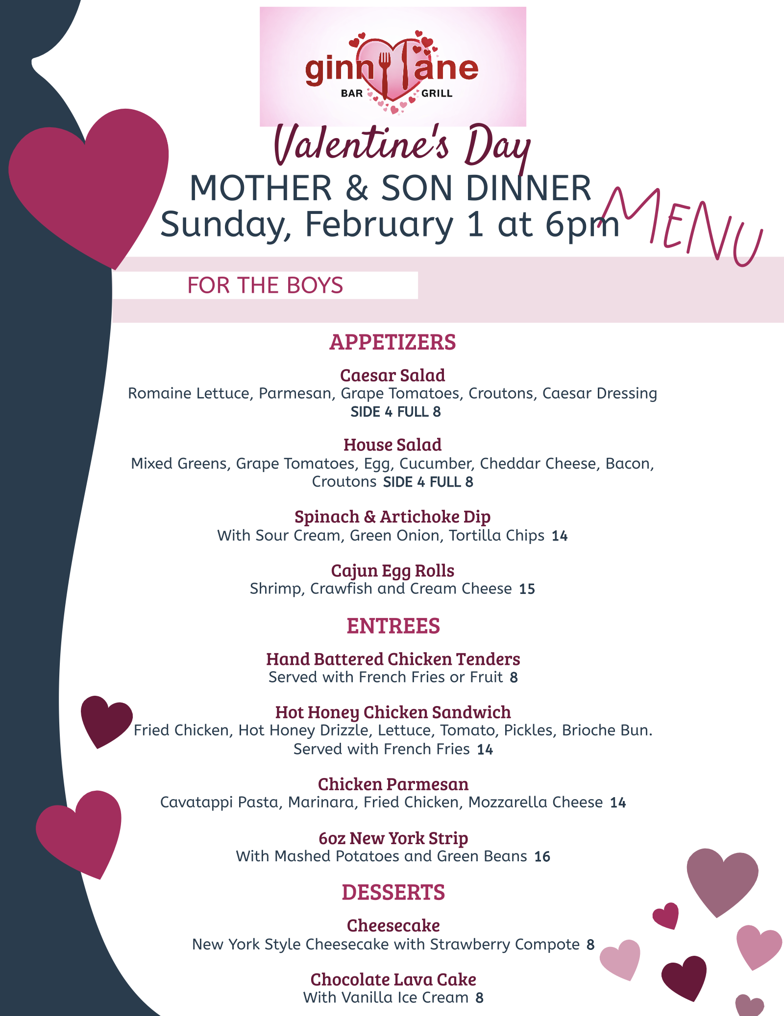 Ginny Lane Mother & Son Valentines Menu