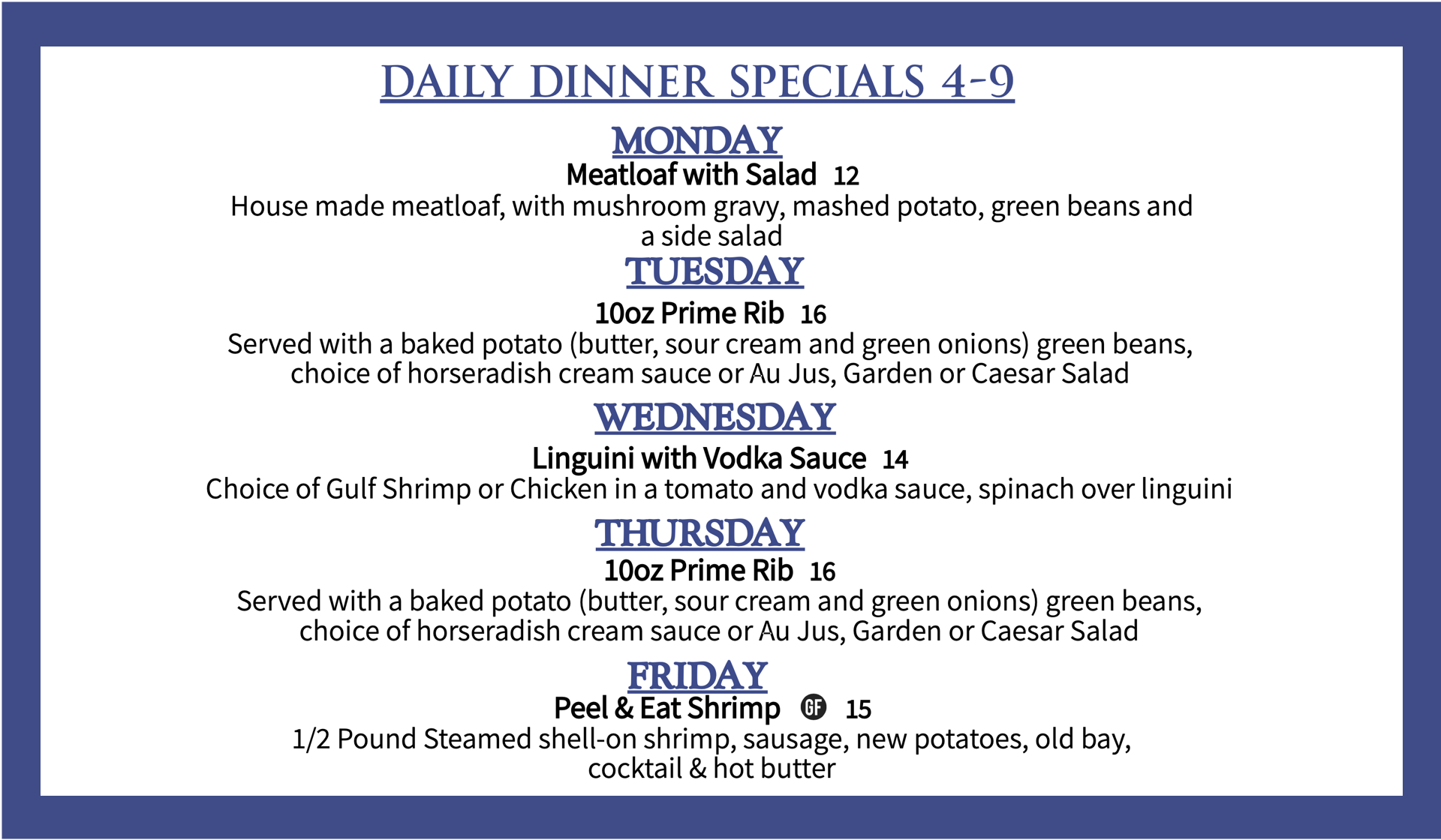 Ginny Lane Weekly Dinner Specials