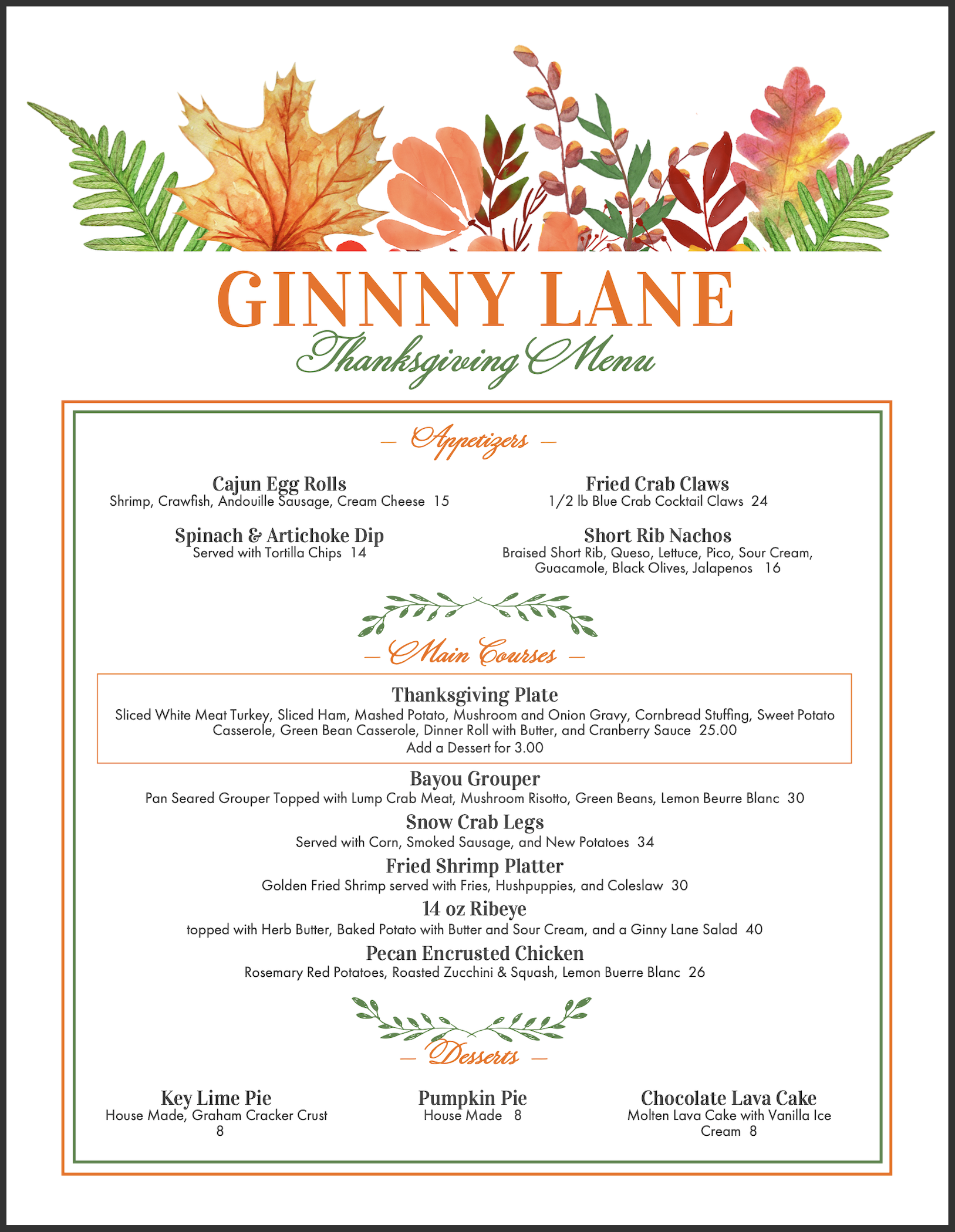 Thanksgiving menu at Ginny Lane