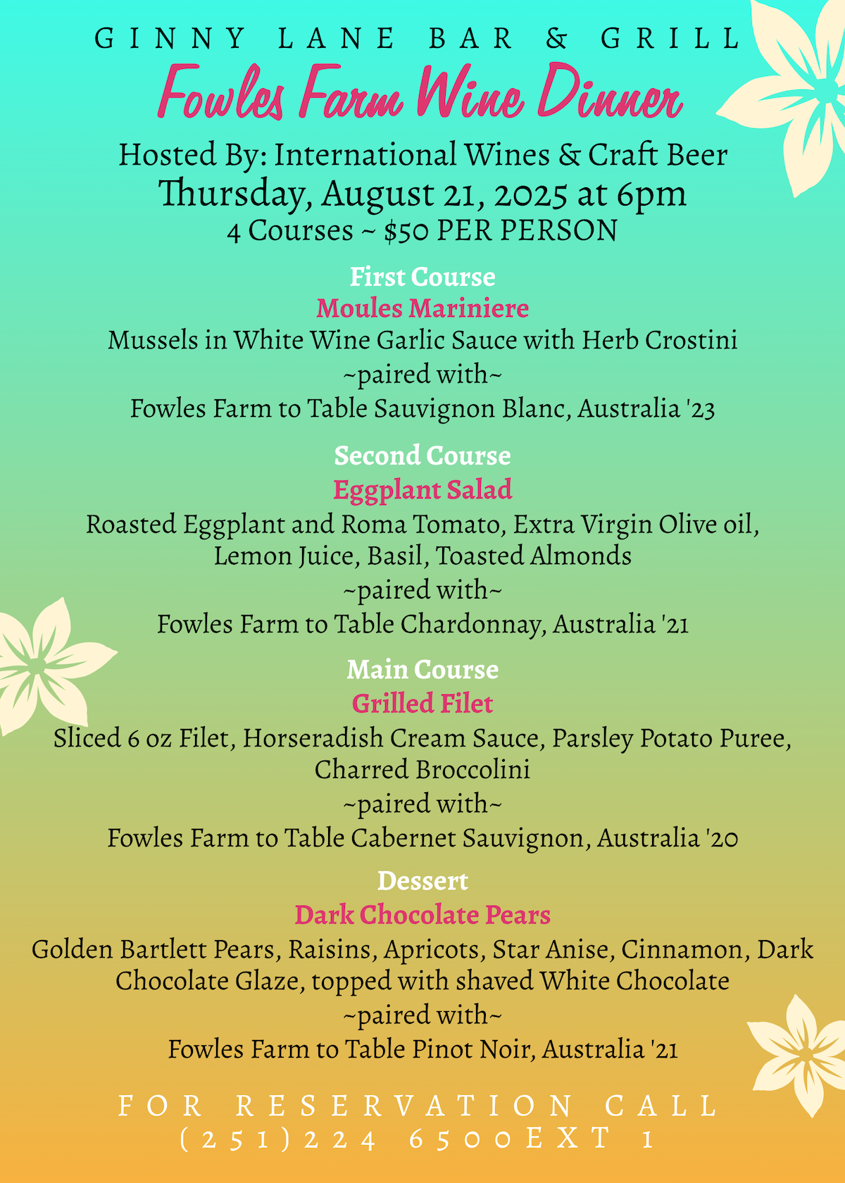 Upcoming Wine Dinner at Ginny Lane