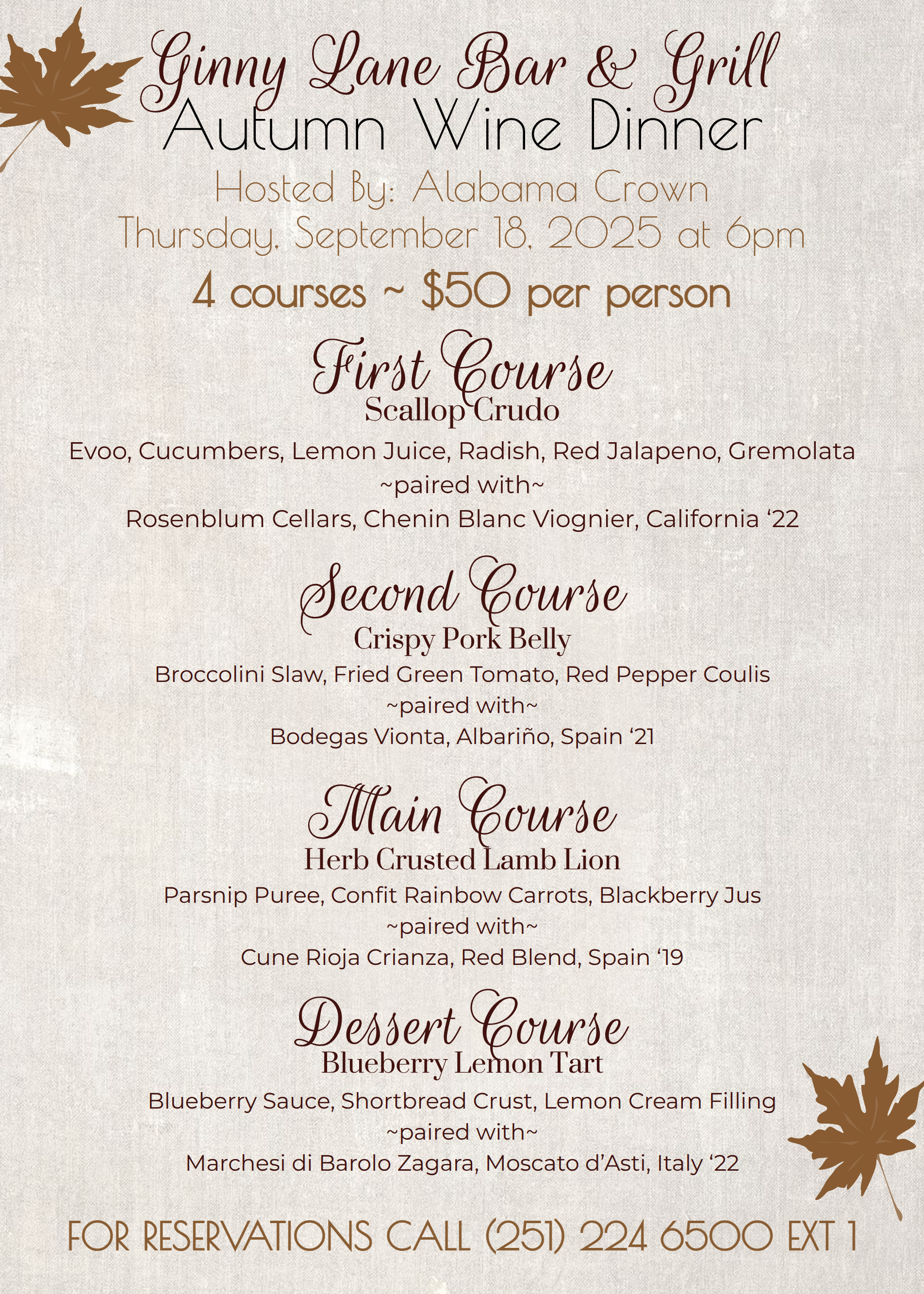 Upcoming Wine Dinner at Ginny Lane