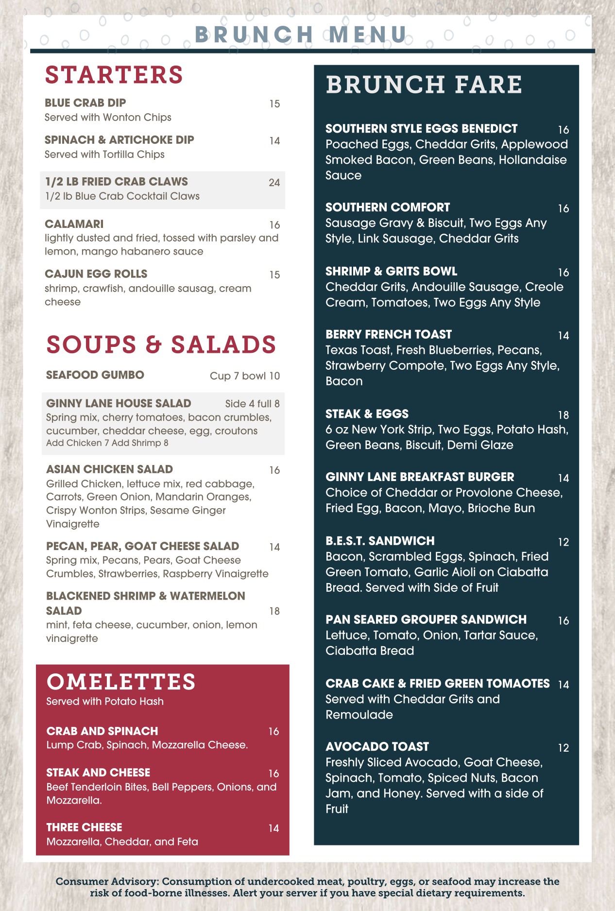 Ginny Lane Waterfront Brunch Menu