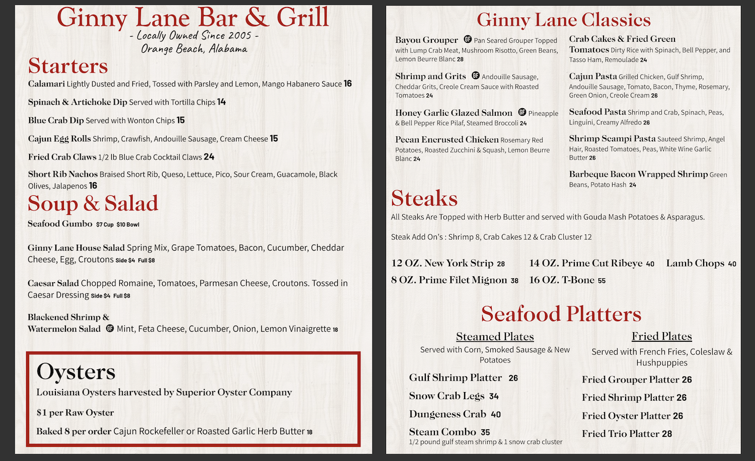 Ginny Lane Dinner Menu, seafood restaurant at The Wharf