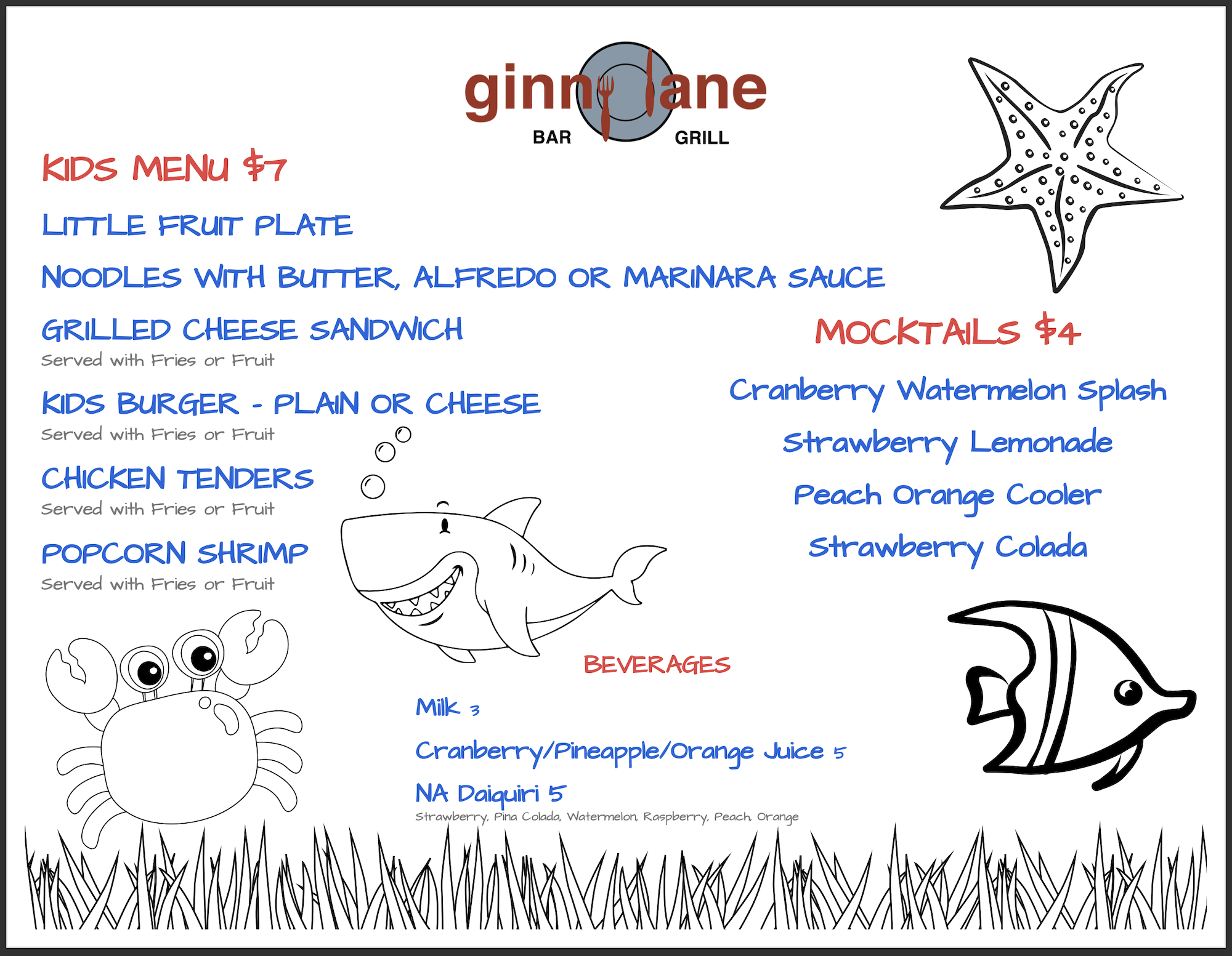 Ginny Lane Kid's Menu, Orange Beach, AL restaurant