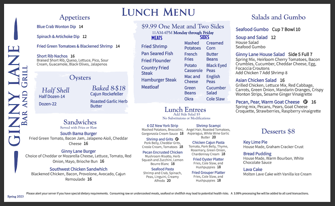 Ginny Lane Lunch Menu, Orange Beach, AL restaurant
