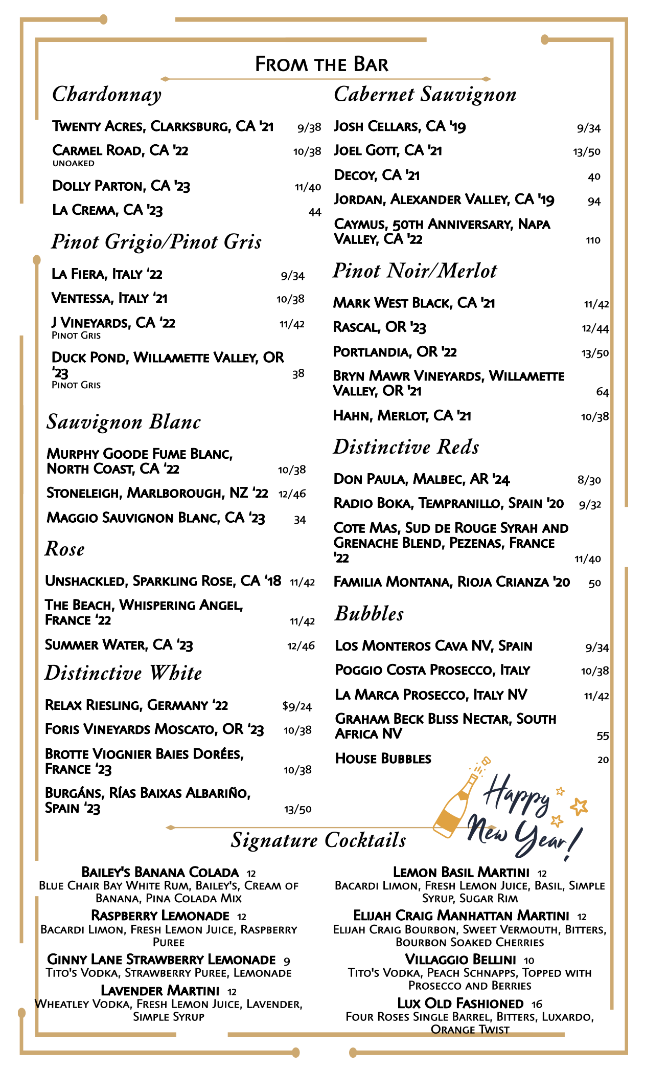 New Year's Eve Drink Menu