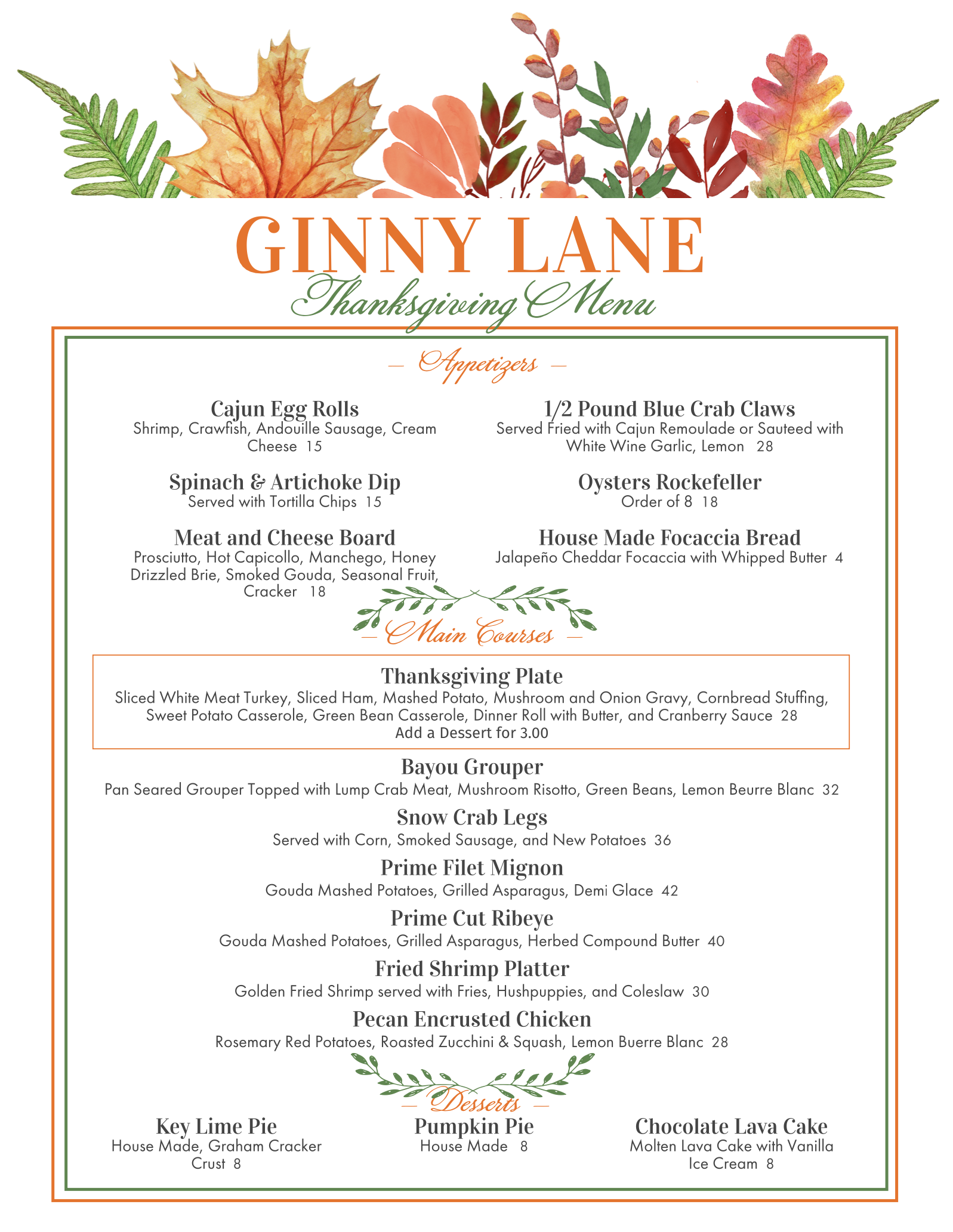 Thanksgiving menu at Ginny Lane