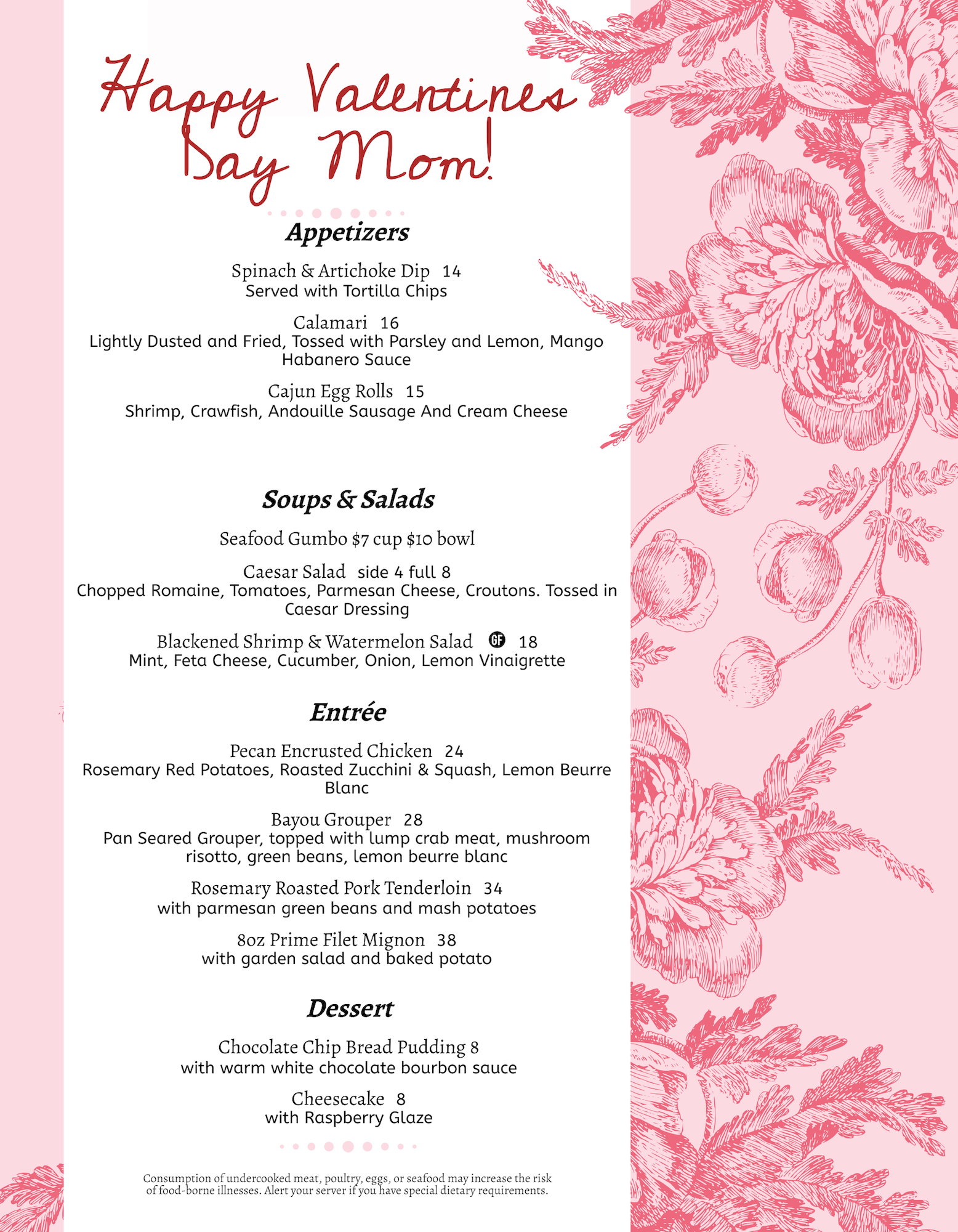 Ginny Lane Mother & Son Valentines Menu