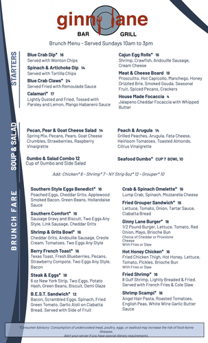 Sunday brunch food menu - Ginny Lane