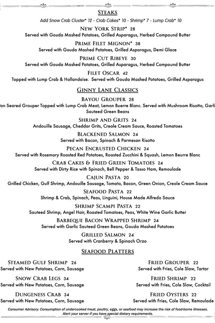 Dinner Menu - steaks and entrees