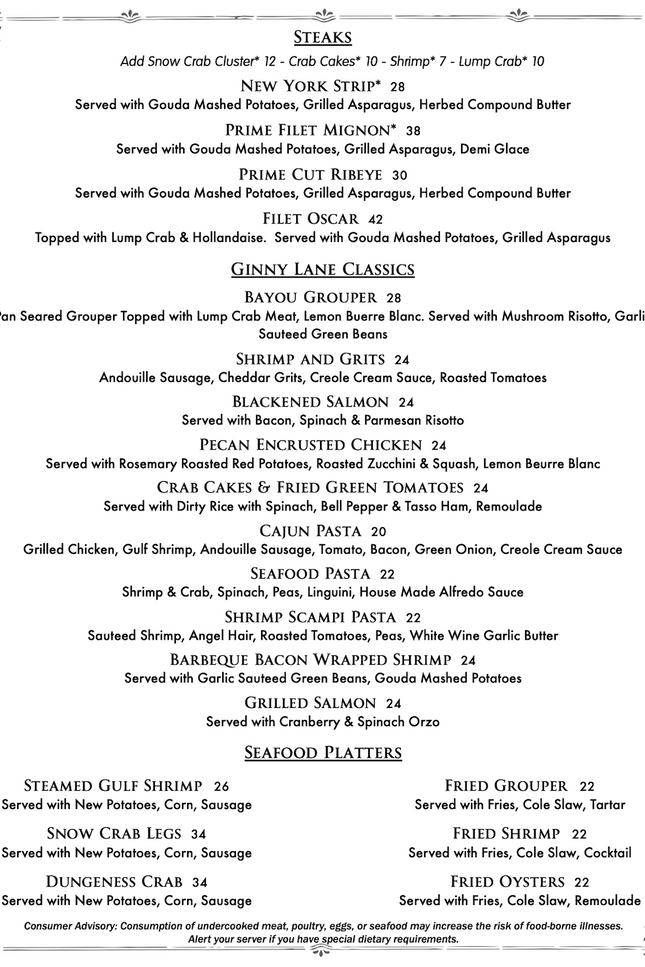 Dinner Menu - steaks and entrees