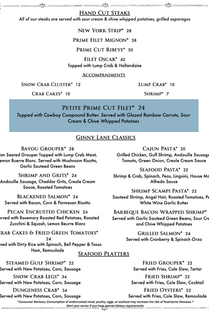Dinner Menu - steaks and platters