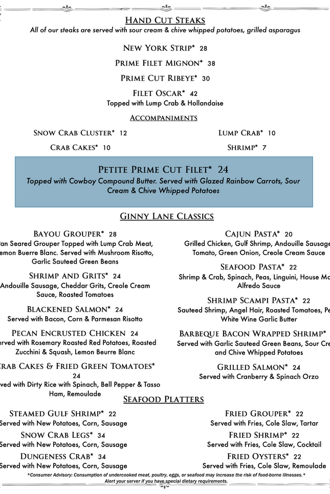 Dinner Menu - steaks and platters