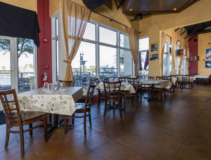 Waterfront dining area at Ginny Lane